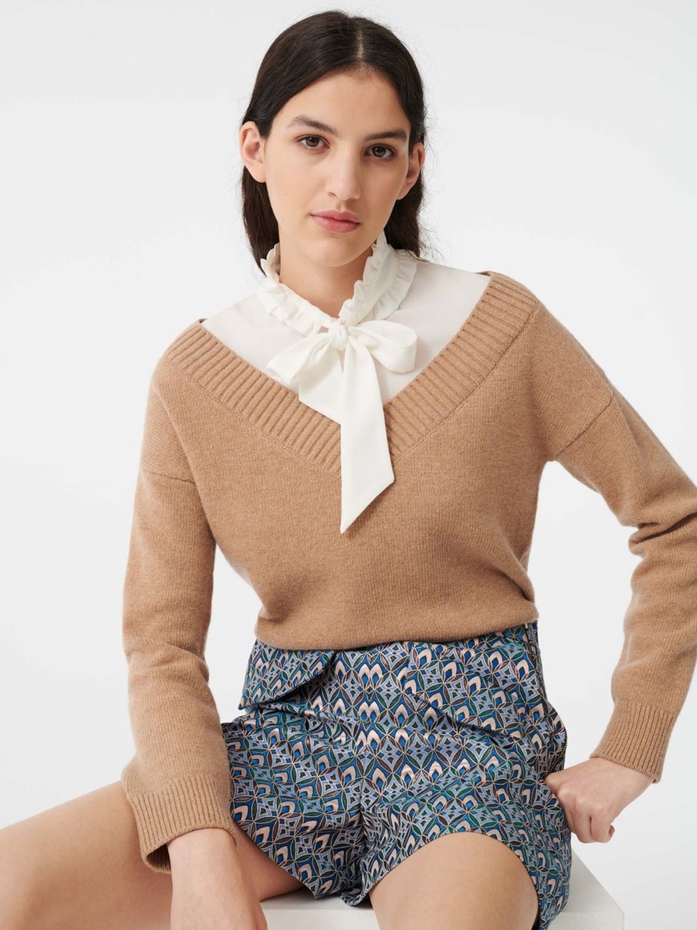Maje Camel V-Neck Sweater with Ribbed Trim